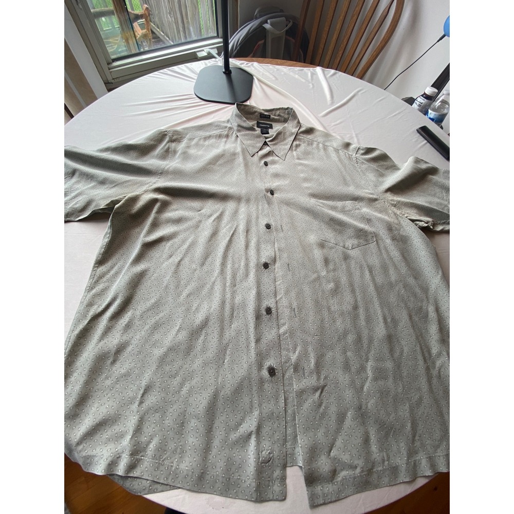 Claiborne Mens XXL 100% Silk Short Sleeve Button Down Shirt Sage Green Geometric